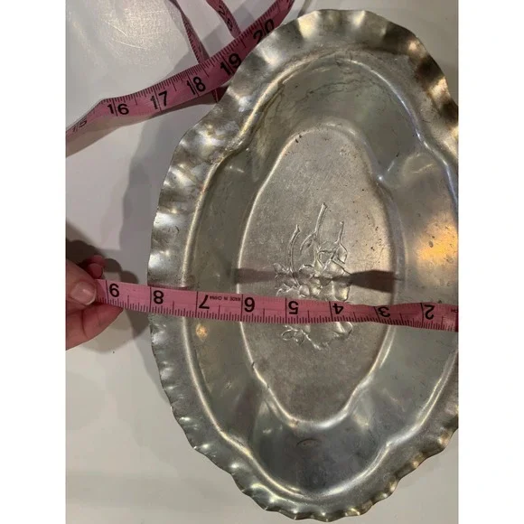 Nasco Italian Pewter Oval Scalloped Edge Trinket Dish Floral Embossed Vintage - Picture 5 of 7